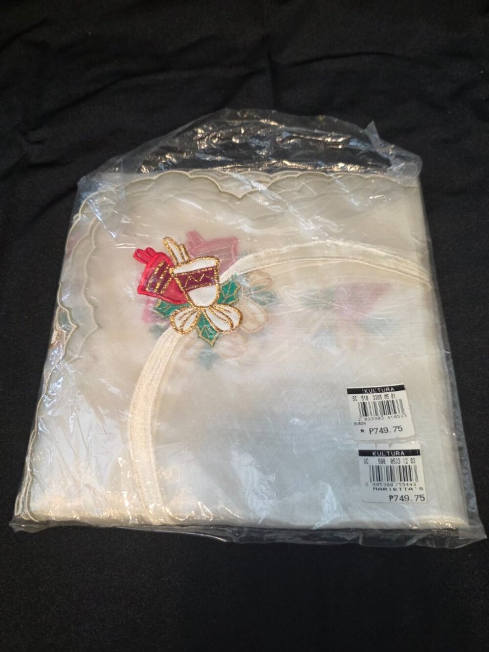 TABLECLOTH VINTAGE CHRISTMAS Bells sheer white 35" SQUARE